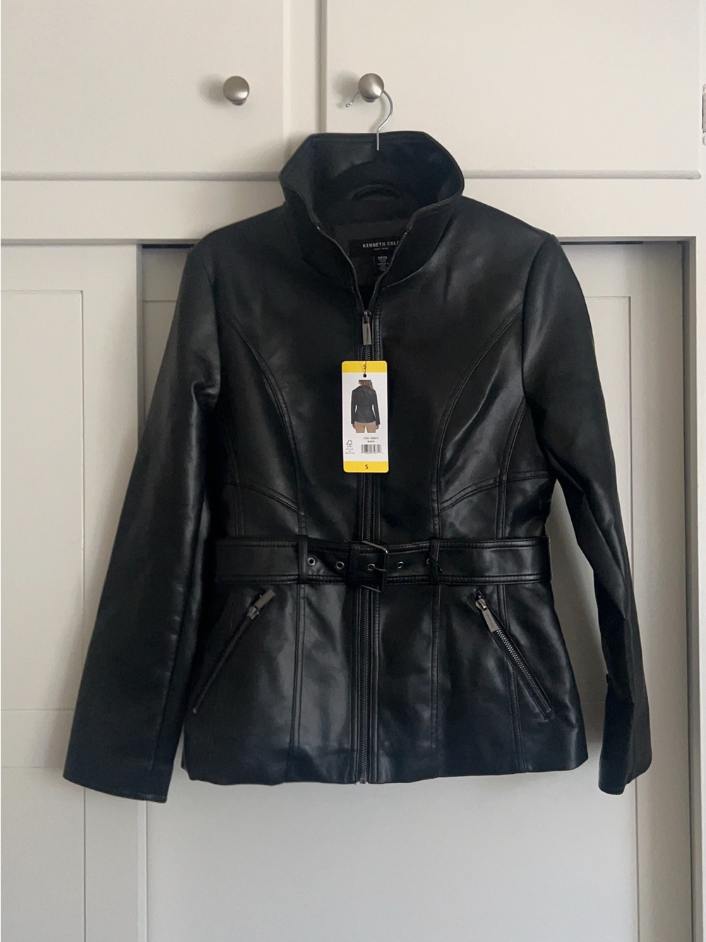 Kenneth Cole Black Faux Leather Belted Jacket Size Small NWT